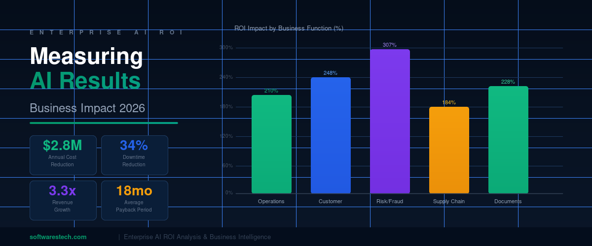 Business analyst presenting enterprise AI ROI results showing cost savings, efficiency gains, and revenue impact from AI implementation